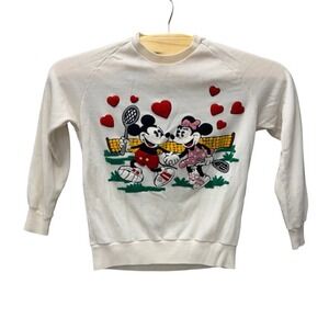 Vintage Sunday Comics Disney Mickey Minnie Mouse Tennis Heart Sweatshirt Cream L